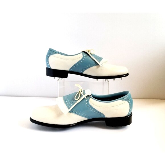 Vintage MONTGOMERY WARD Golf Shoes Sz 9 Blue White Oxford Kiltie Spikes - Picture 6 of 14